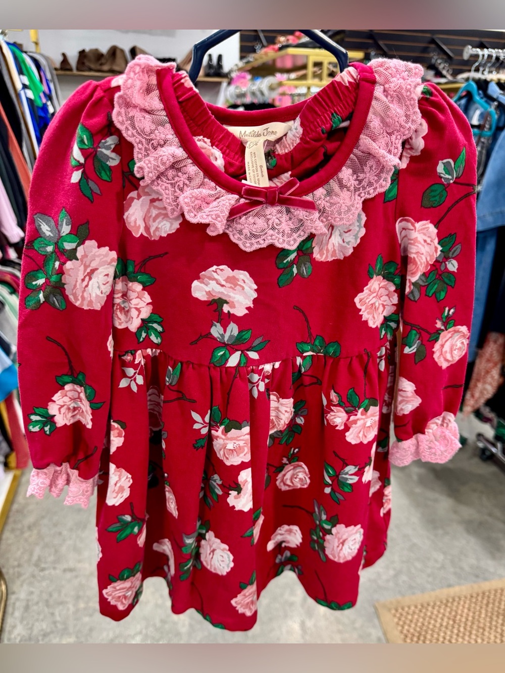 Matilda Jane Red Floral Dress with Pink Lace Trim
